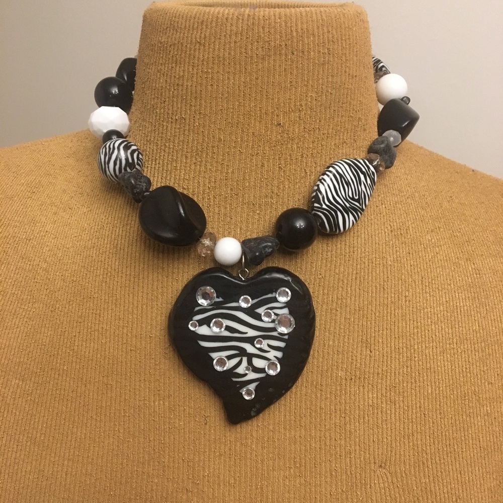 Zebra Black and White Beaded Heart Necklace